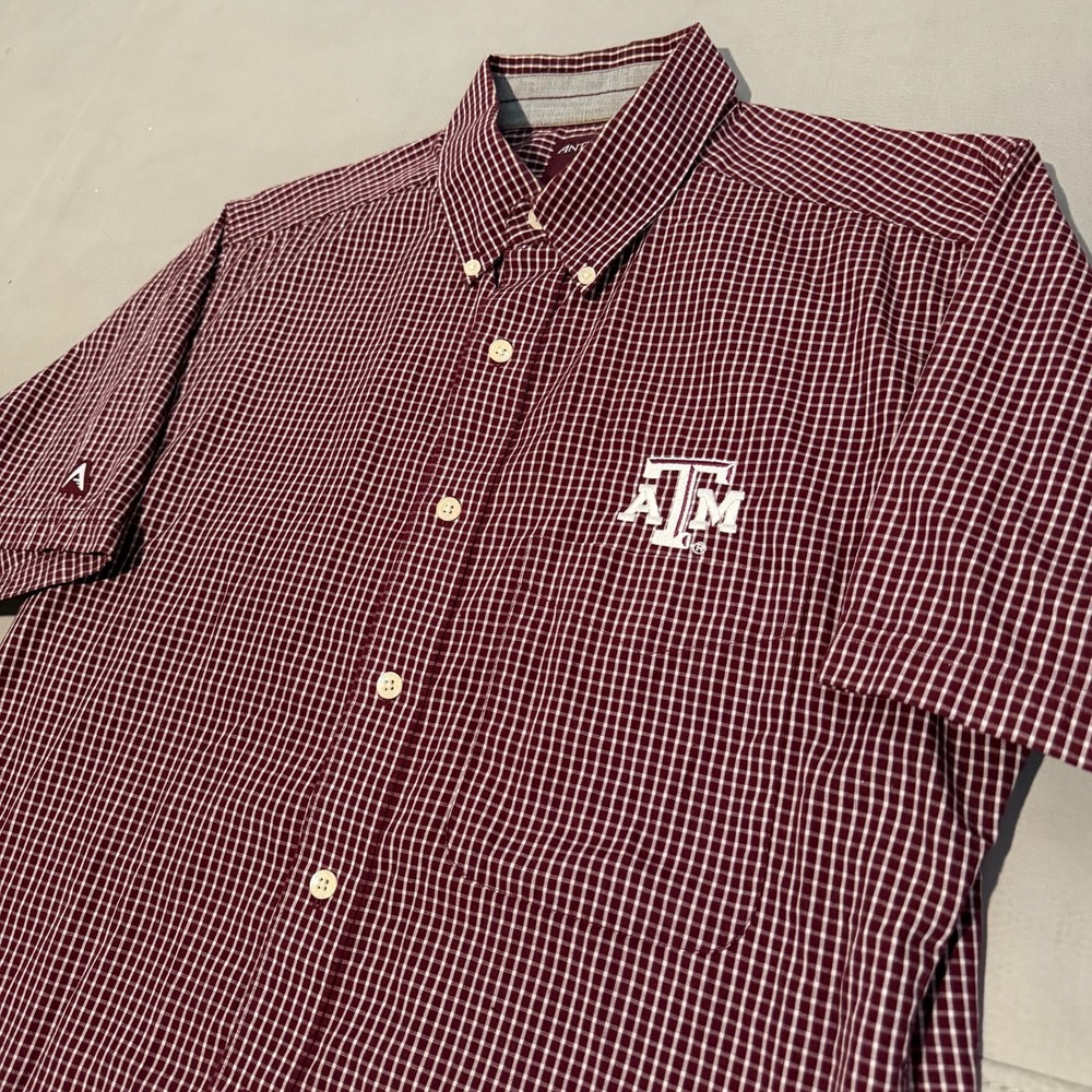 Antigua Men Texas A&M Aggies Maroon Gingham Short Sleeve Button Down Shirt M Y2K